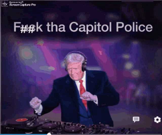 a man in a suit and tie is playing music with the words " fuck the capitol police "