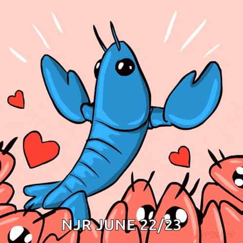 a blue lobster is surrounded by red hearts with the date june 22/23