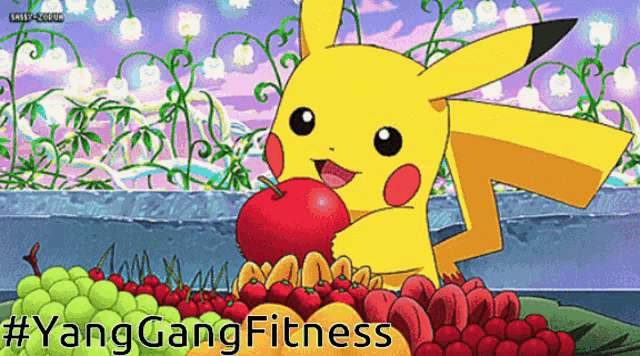 a pikachu eating an apple in front of a pile of fruit with the hashtag #yanggangfitness