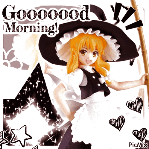a picture of a witch with the words good morning written above her