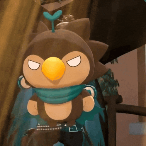 a cartoon character with a yellow beak is wearing a blue scarf