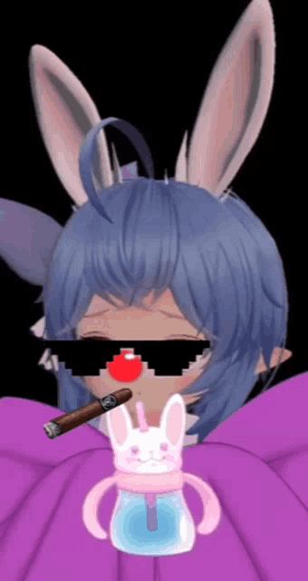 a girl with bunny ears is smoking a cigar and drinking from a bottle with a straw