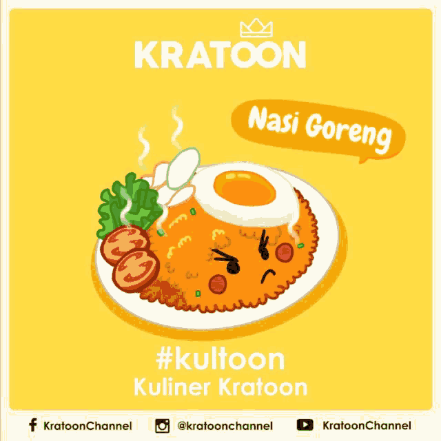 a cartoon drawing of a plate of nasi goreng with a face on it