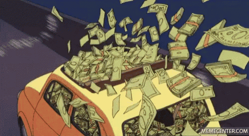 a cartoon drawing of a car with money falling out of the top