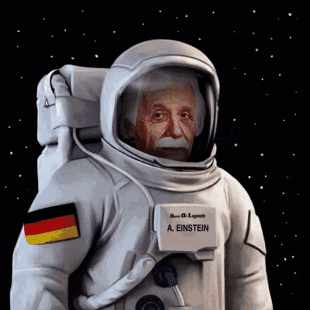 a man in a space suit has a name tag that reads a. einstein