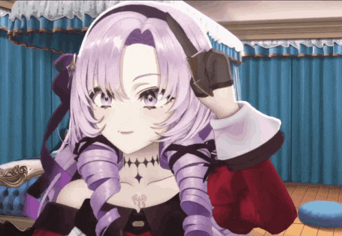 a girl with purple hair is wearing a hood and gloves