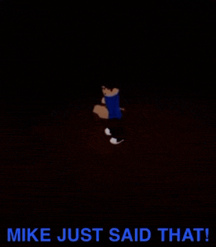 a cartoon character in a blue shirt is standing in a dark room .