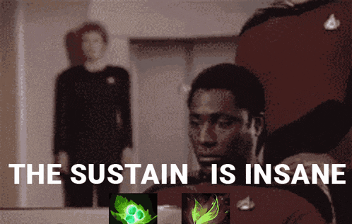 a man is looking at himself in a mirror with the words the sustain is insane