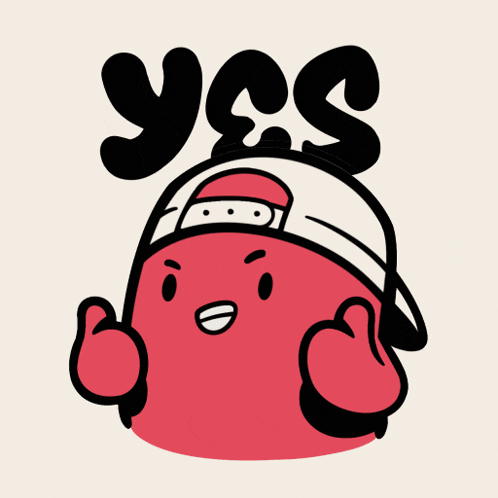 a red cartoon character wearing a white hat and giving a thumbs up says yes