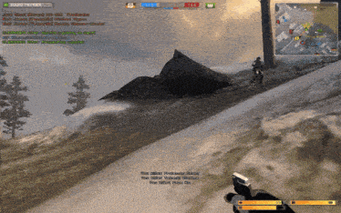 a screenshot of a video game shows a man walking down a hill