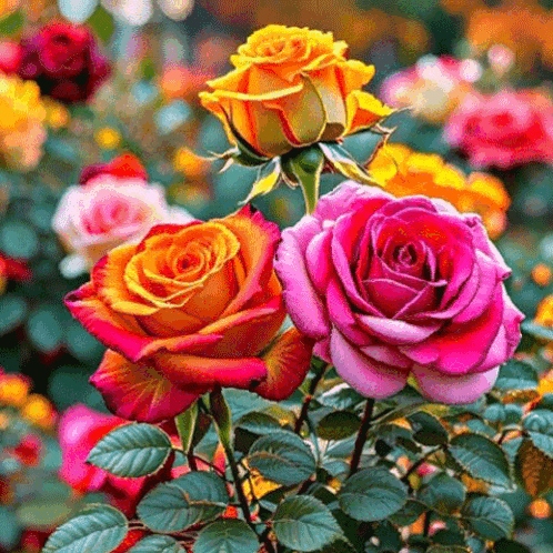 a bunch of colorful roses in a garden