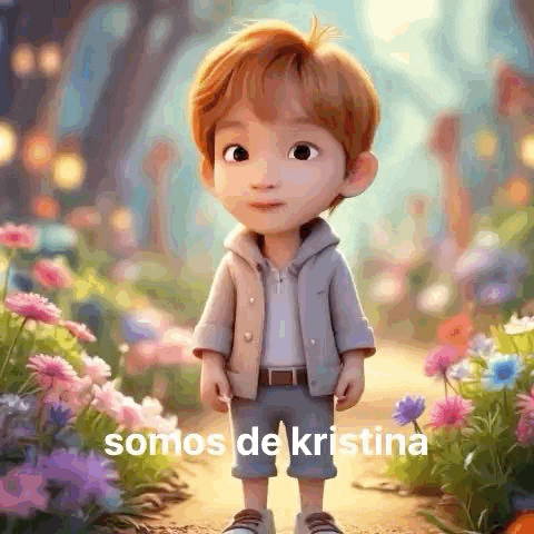 a little boy is standing in a garden with flowers and the words somos de kristina written on the bottom .