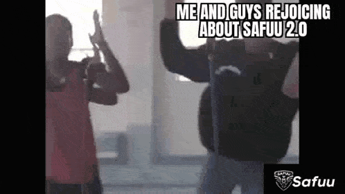 two men are standing next to each other in a room and giving each other high fives .
