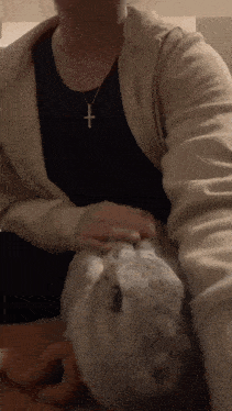 a woman wearing a cross necklace is petting a rabbit
