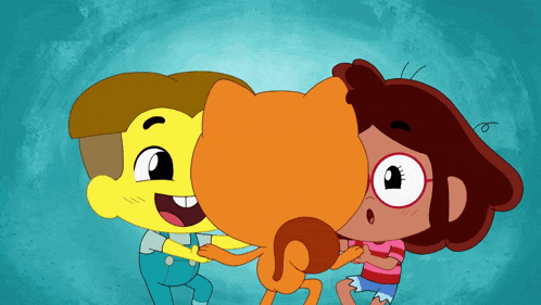 a group of cartoon characters including a boy and a girl are standing next to each other