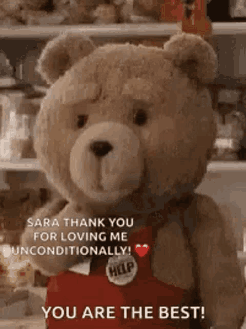 a teddy bear is standing in front of a shelf and says `` thank you for loving me unconditionally ! ''
