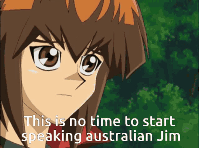 a cartoon character with the words " this is no time to start speaking australian jim " on the bottom