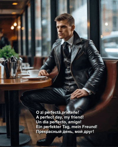 a man in a leather jacket is sitting at a table