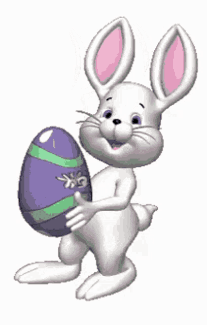 a bunny is holding a purple easter egg