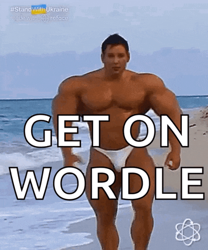a picture of a muscular man on a beach with the words get on wordle