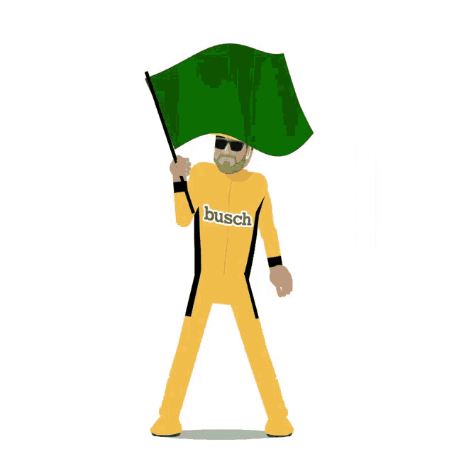 a man in a yellow busch outfit holds a green flag