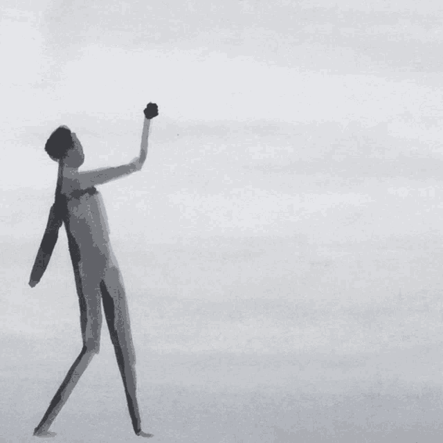 a black and white drawing of a person throwing a rock