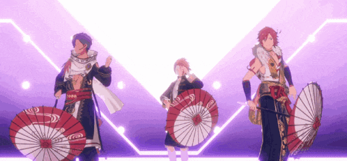 three anime characters holding red and white umbrellas
