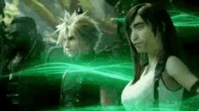 a group of people are standing next to each other in a video game .
