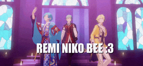 a group of anime characters are standing on a stage with the words remi niko bee 3 written above them
