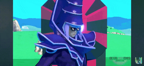 a pixel art of a wizard with sunglasses and a devildoms animation logo