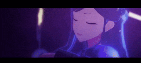 a close up of a cartoon girl with blue hair and purple eyes .