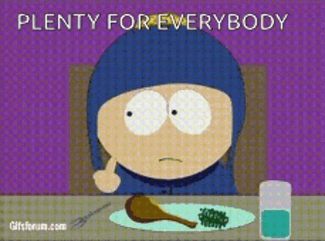 a south park character is sitting at a table with a plate of food