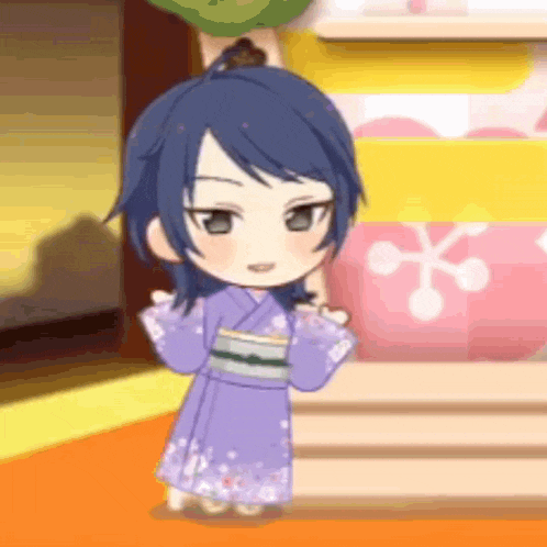 a cartoon character is wearing a purple kimono and standing on a red floor .