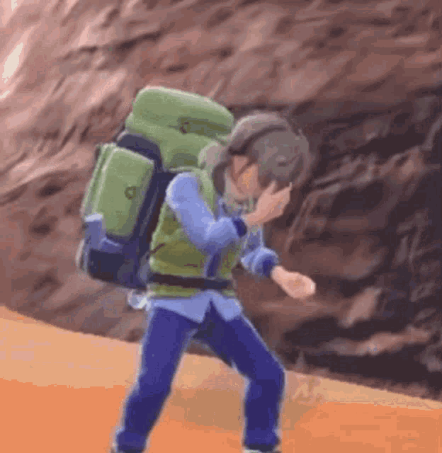 a cartoon character with a green backpack is standing on a sandy beach .