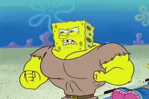 a cartoon of spongebob flexing his muscles with a sword in the background
