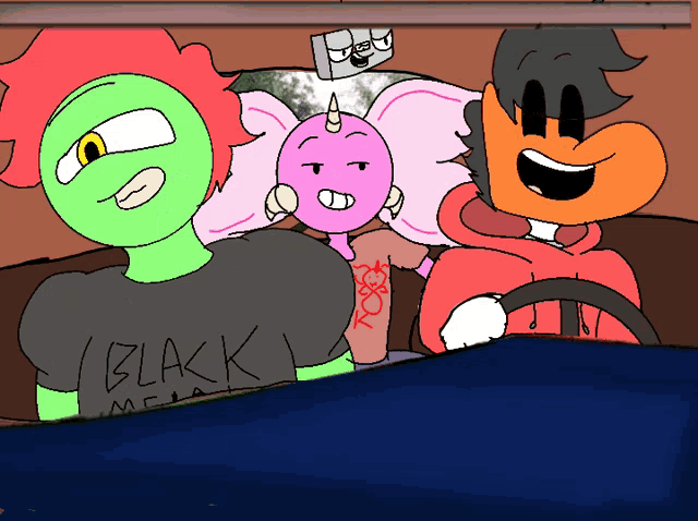 three cartoon characters are sitting in a car with one wearing a black shirt that says " black metal "