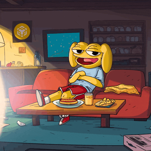 a cartoon character is sitting on a couch with a plate of food on a table