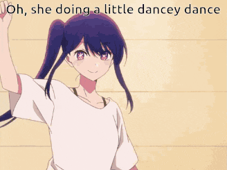 a picture of a girl with purple hair and the words oh she doing a little dancey dance above her