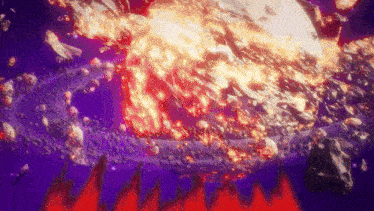 a purple background with red flames and a huge explosion