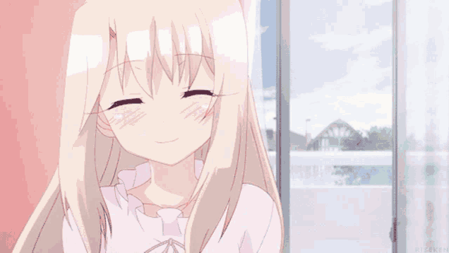 a cute anime girl with blonde hair and a cat ear is smiling .