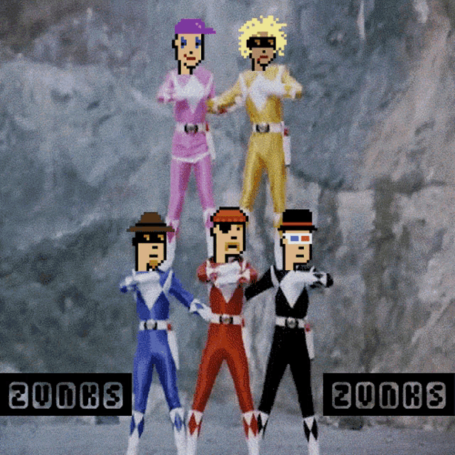 a group of pixelated power rangers are standing in a pyramid