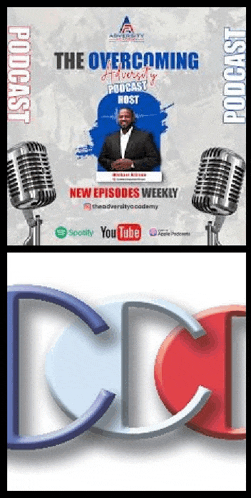 a poster for the overcoming adversity podcast with two microphones and a logo .