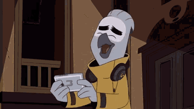 a cartoon bird is wearing headphones and holding a card that says 3 on it