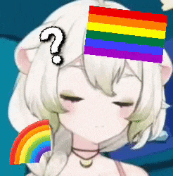 a girl with a rainbow on her head has a question mark above her head