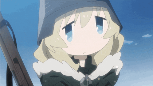 a cartoon girl with blonde hair and blue eyes is holding a rifle