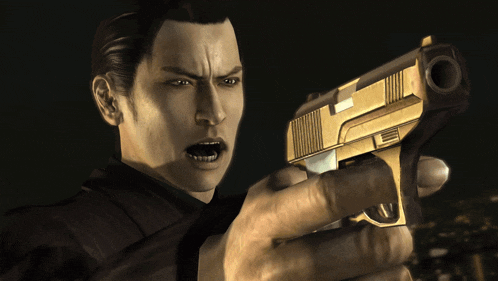 a man is holding a gun in his right hand and pointing it at the camera