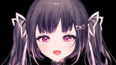 a close up of a girl 's face with purple hair