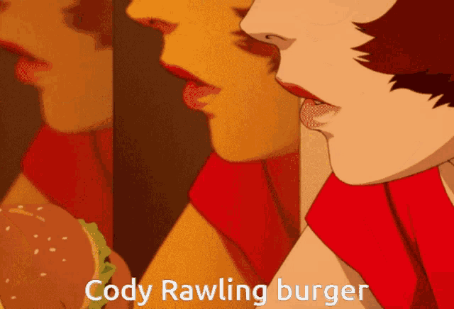 a cartoon of a woman eating a hamburger with the words cody rawling burger below it