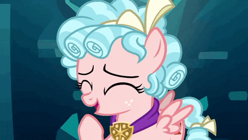 a pink pony with blue hair and a purple scarf
