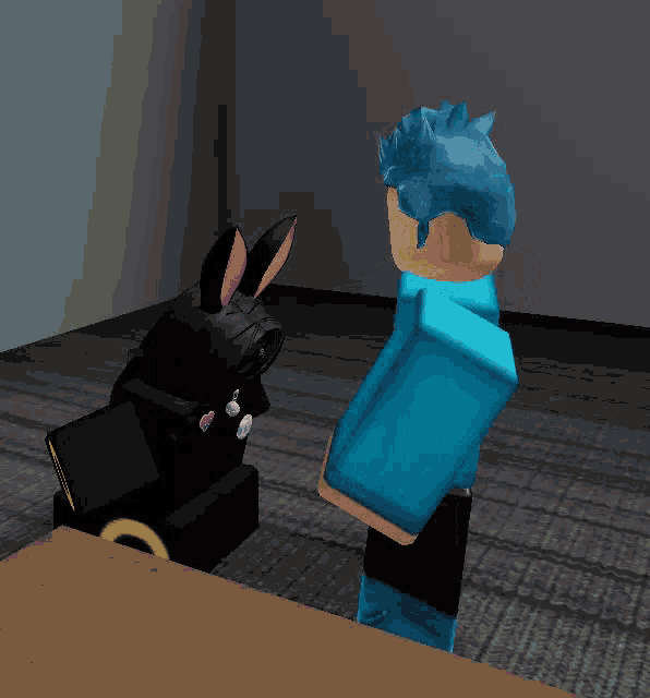 a cartoon character in a blue shirt is standing next to a black rabbit with pink ears